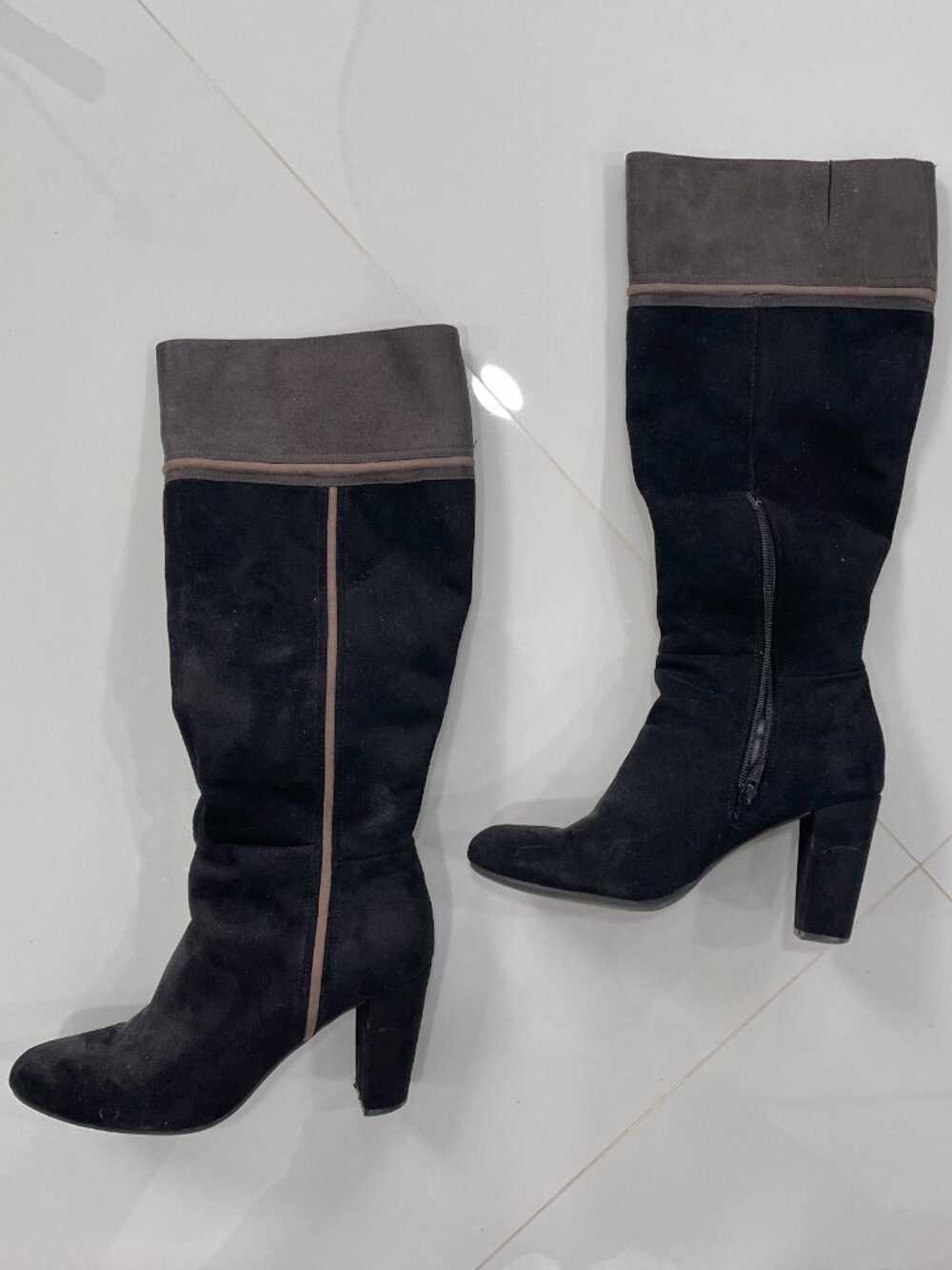 Rialto Black Gray Cordelia Patchwork Boots Zipper Suede Knee High Heel Almond 8M - Picture 15 of 15